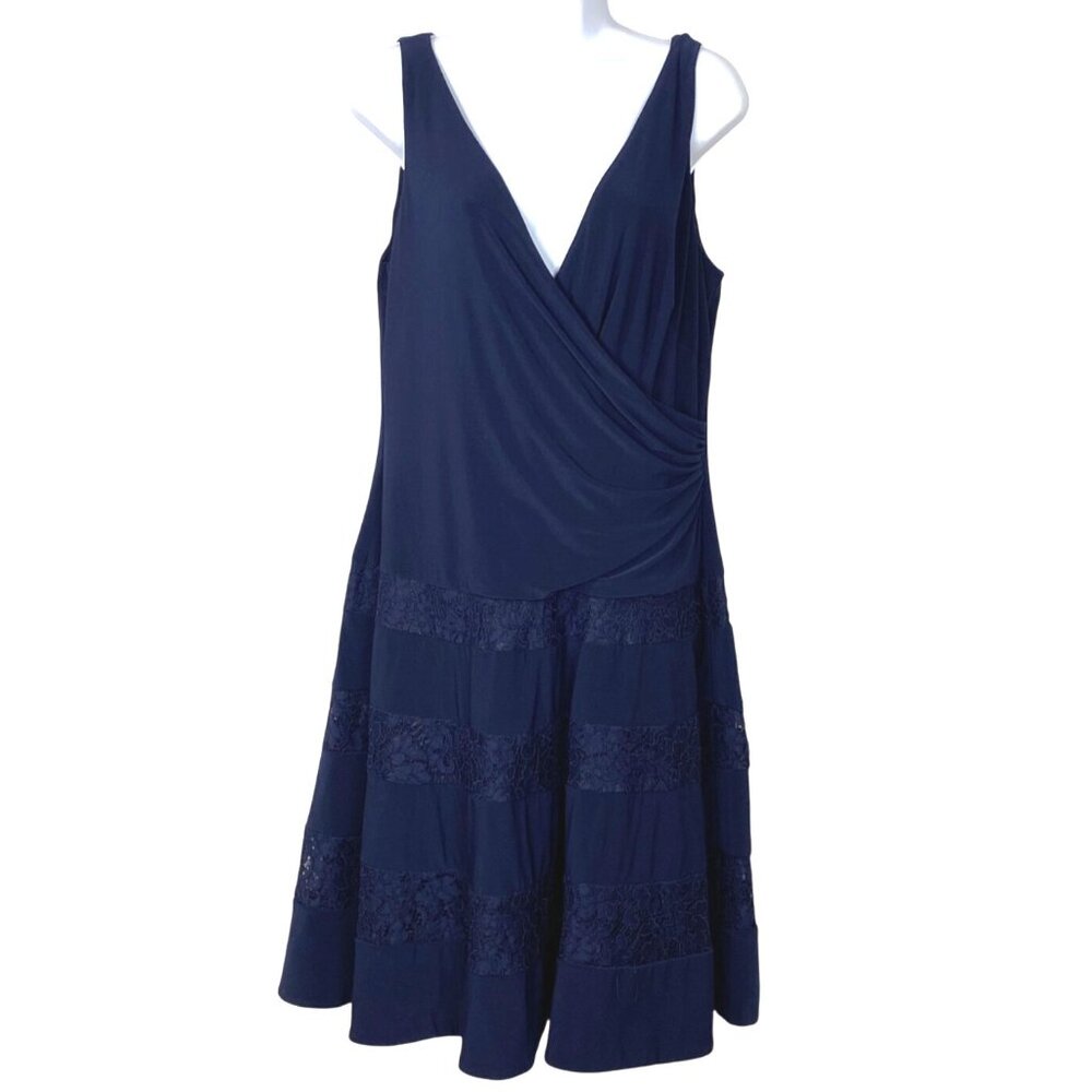 Lauren Ralph Lauren Navy Blue Ruched Lace Inset Sleeveless Fit & Flare Dress 16 - Picture 2 of 12